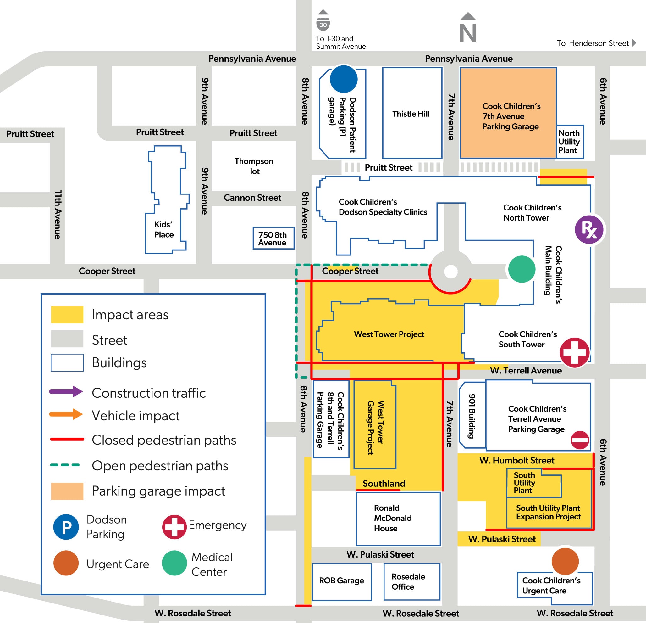 Map of the Fort Worth campus showcasing the areas that are impacted by construction from August 31 to September 6.